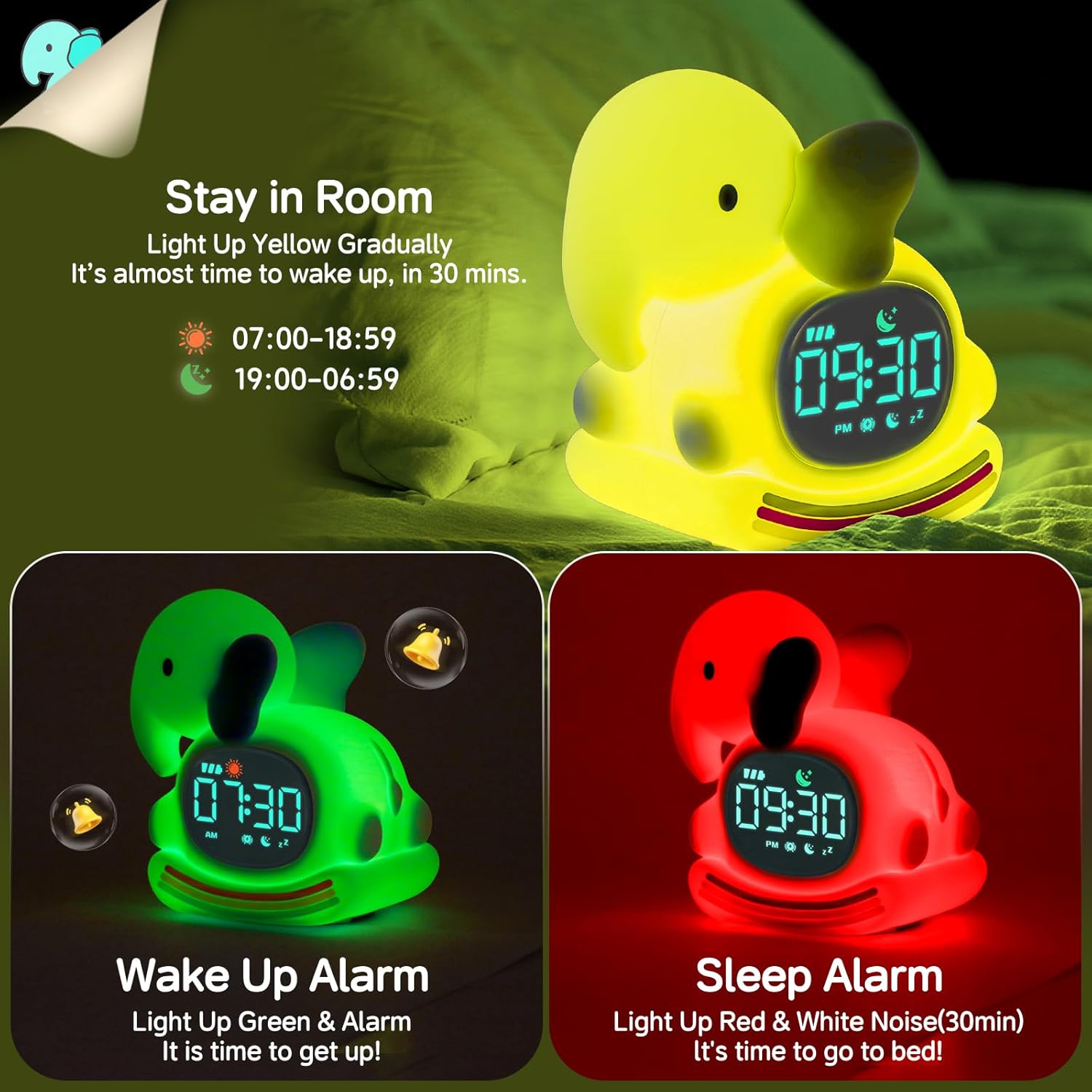 Elephant Alarm Clock for Kids with Night Light