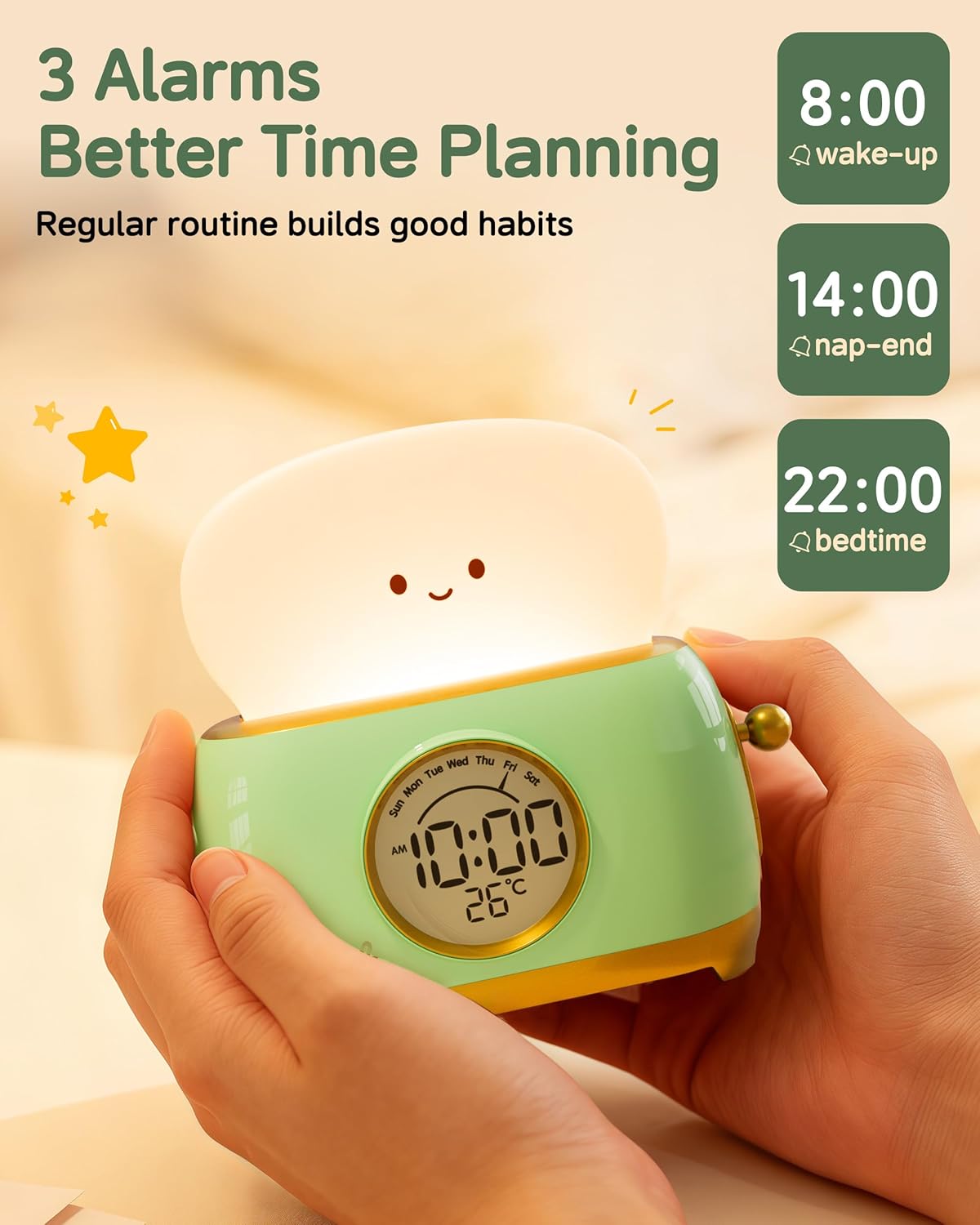 Alarm Clock for Kids, Cute Toast Night Light Alarm Clocks
