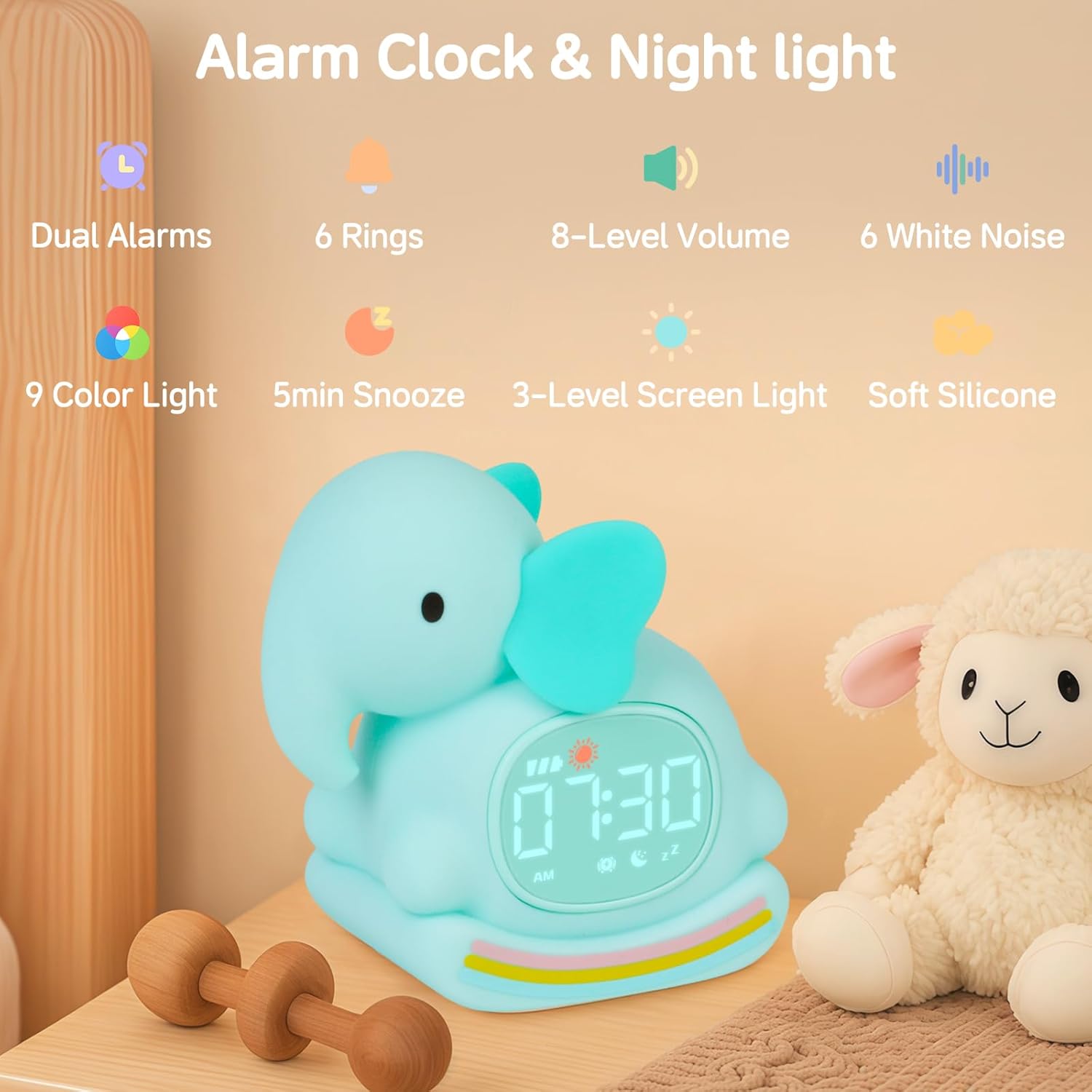 Elephant Alarm Clock for Kids with Night Light