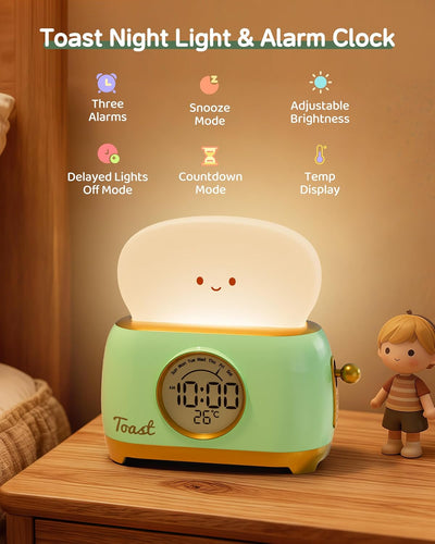 Alarm Clock for Kids, Cute Toast Night Light Alarm Clocks
