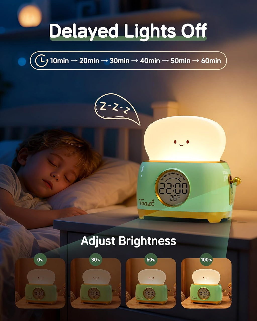 Alarm Clock for Kids, Cute Toast Night Light Alarm Clocks